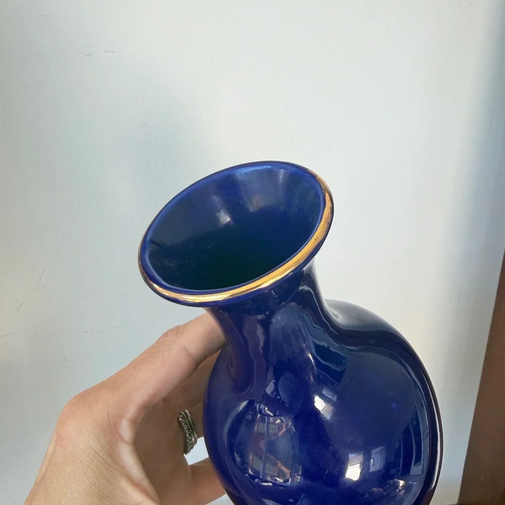 Cobalt Blue Porcelain Peacock Floral Bud Vase with Gold Trim 6.25